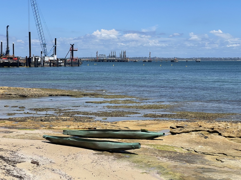 Nuwi Canoes by Theresa Ardler and Julie Squires for the Kamay Botany Bay foreshore. This work was cast in bronze from nawi sculpture by Dean Kelly made by John Kelly and David Payne.