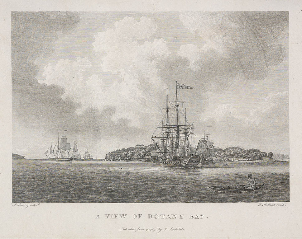 Engraving depicting First Fleet arriving at Botany Bay in January 1788, with Indigenous Australians in canoes witnessing the arrival. Bare Island is in the background.